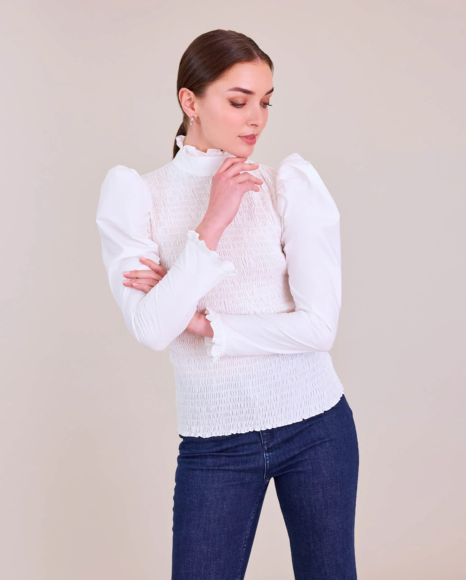 Adorable White Designer Top With Ruffles And Puff Sleeves