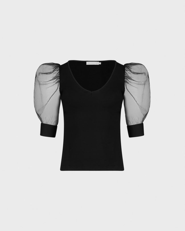 Black V-Neck Top with Sheer Mesh Sleeves