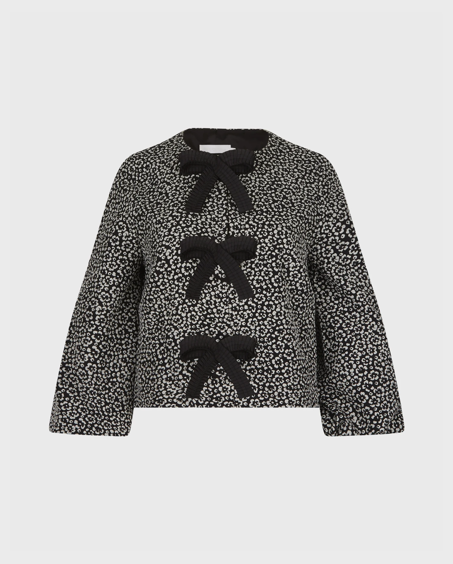 Ameri　EVELYN LACE BLOUSON Cropped Black Floral Jacquard Jacket with Pleated Bow Accents