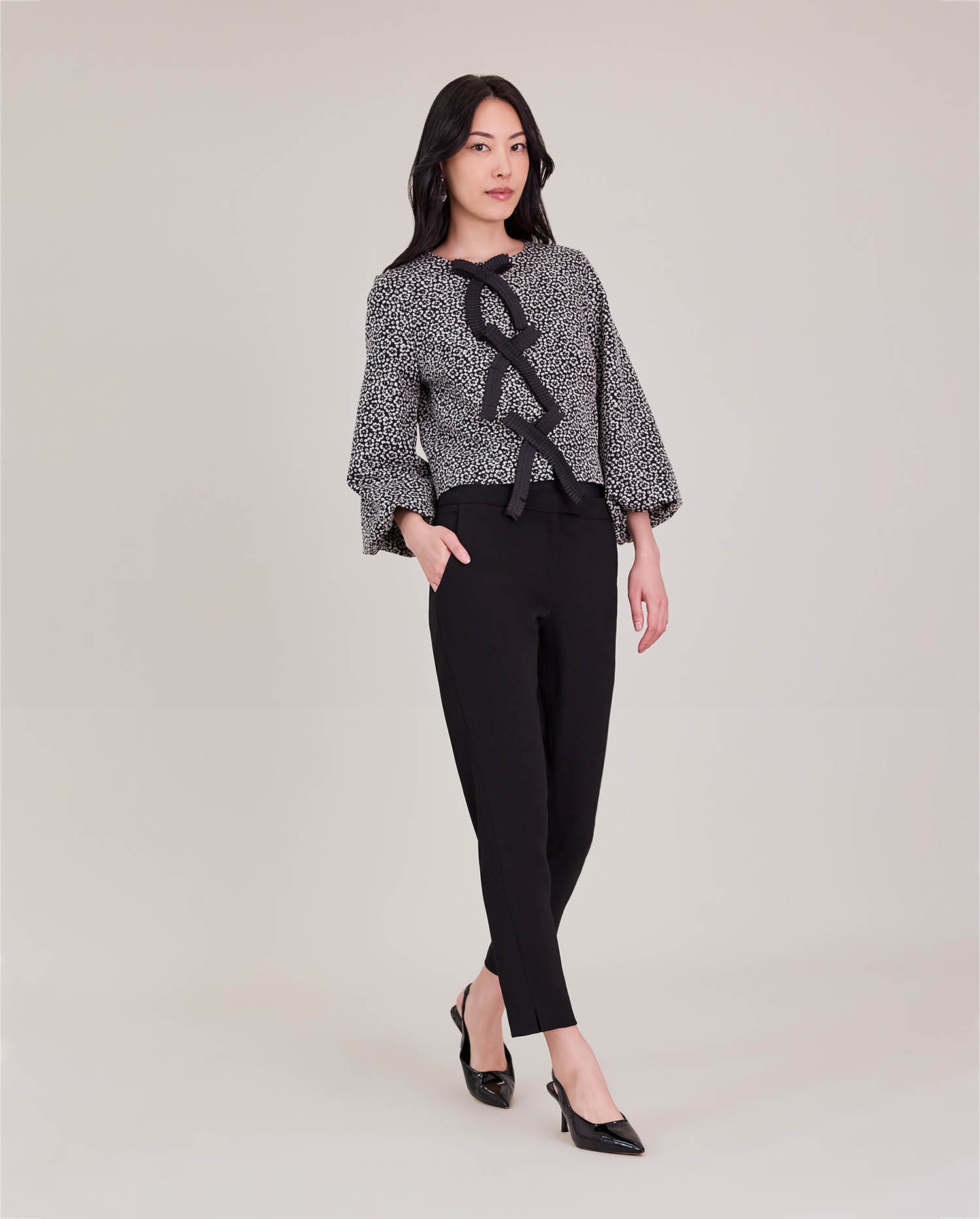 ANGELIQUE Cropped Black Floral Jacquard Jacket with Pleated