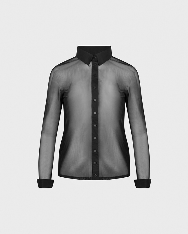 Black Long Sleeve Sheer Mesh Button Down Shirt: Women's Luxury Shirts