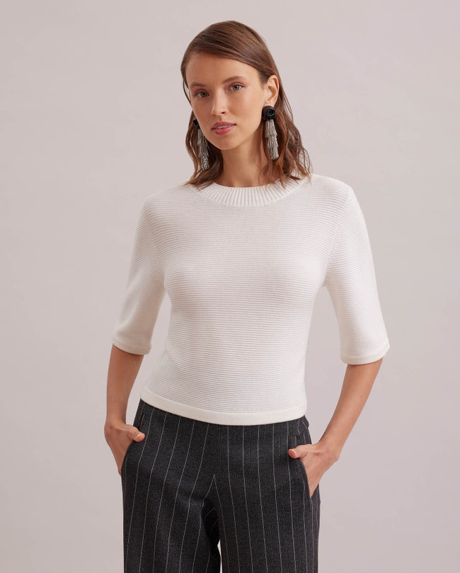 White Textured Knit Top With Feather Sleeves | Anne Fontaine US