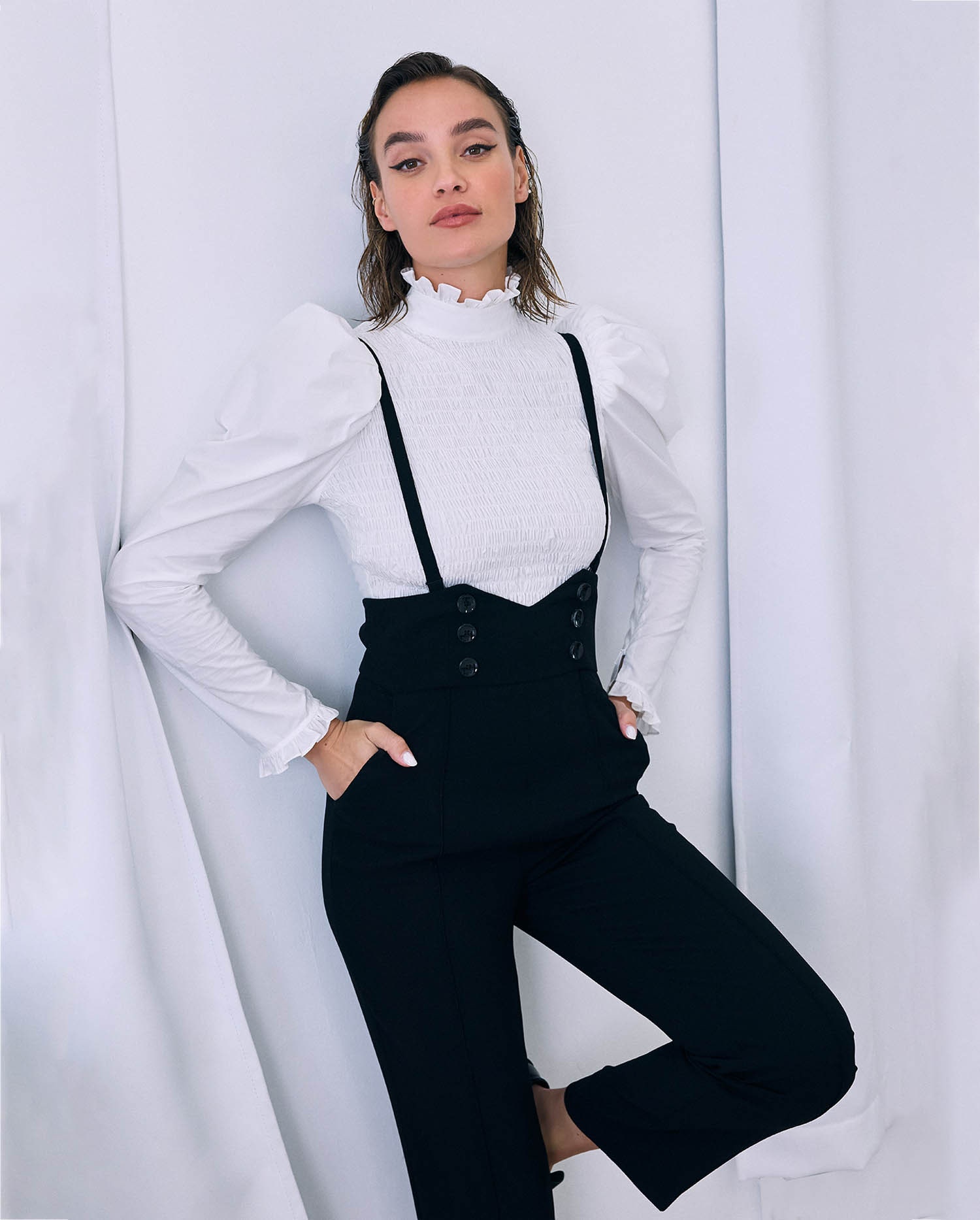 Black Highlight Waisted Suspender Pant: Women's Luxury Pants