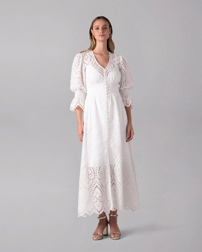 White Cotton Maxi Dress With Scalloped Finish: Women's Luxury Dresses ...