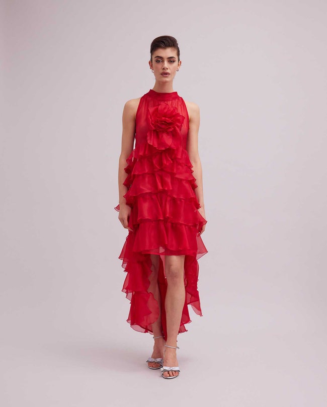 High-Low Ruffle Dress in Red Organza Silk | Anne Fontaine US