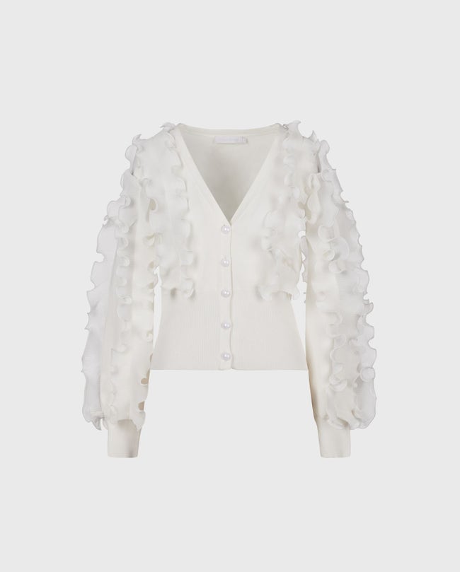 White Long Sleeve V Neck Ruffle Cardigan Women s Luxury Cardigans Anne Fontaine