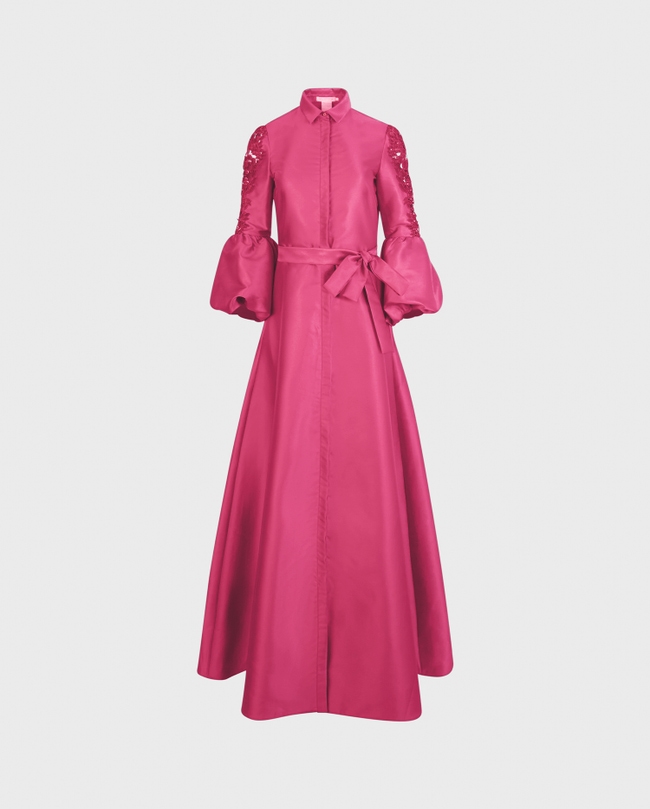 Fuschia Long Satin Dress With Lace Puff Sleeves: Women's Luxury Dresses ...