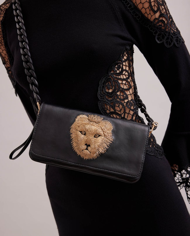 Small Black Leather Bag with Lion's Face