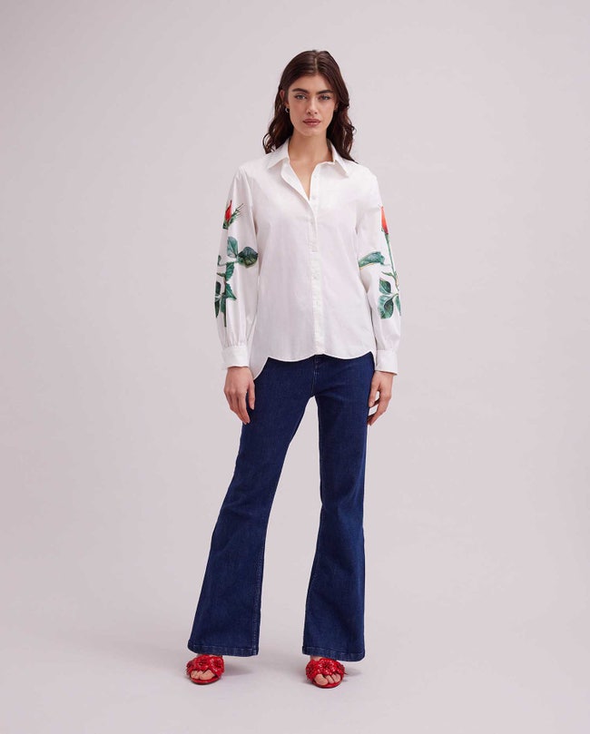 Anne Fontaine Flowers Scalloped Rose-Print Poplin Shirt White