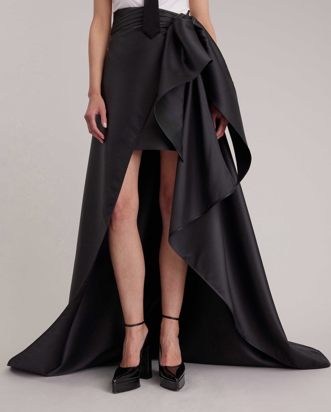 Black High-Low Sateen Mini Skirt & Removable Cape: Women's Luxury ...