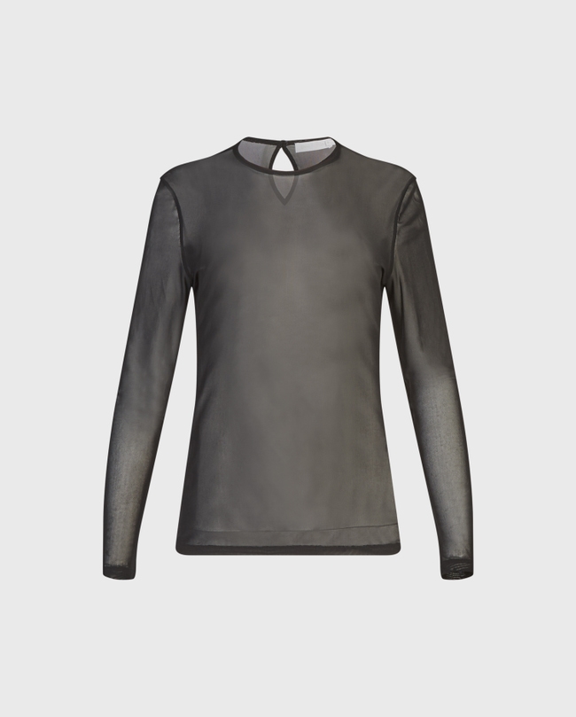 Black Long Sleeve Sheer Mesh Top with Round Neckline: Women's