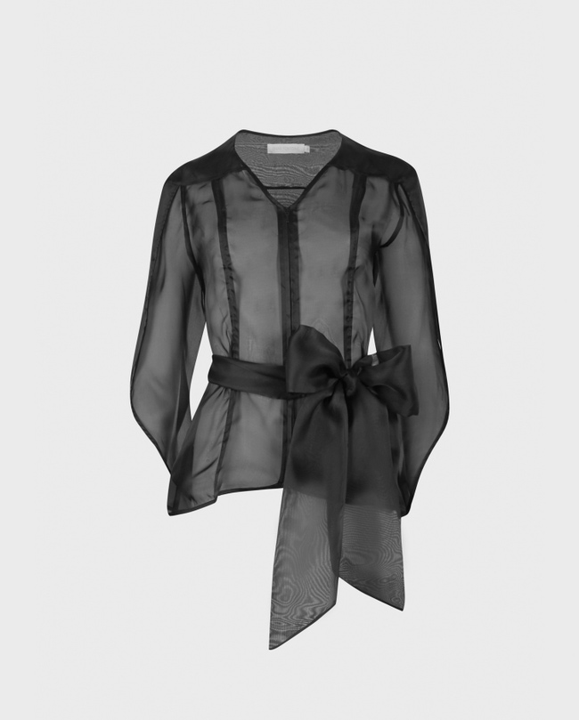 Black Long Sleeve Sheer Blouse With Petal Sleeves and Sash: Women's ...