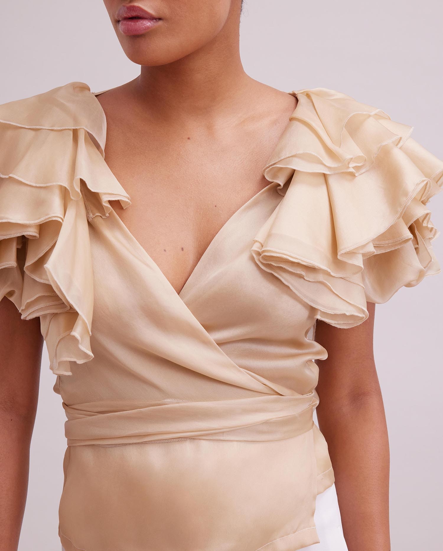 Wrap Blouse with Ruffle Sleeves in Beige | Anne Fontaine US