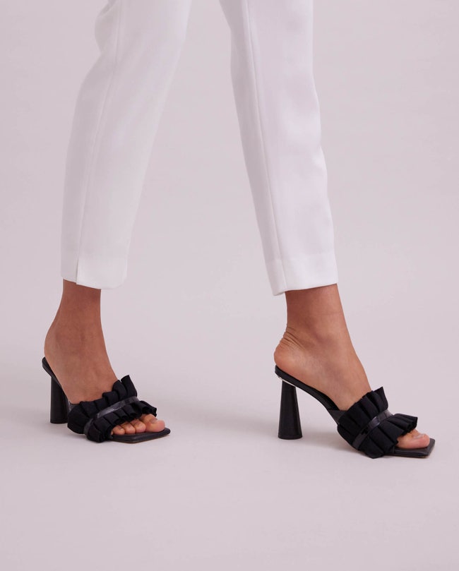 Black Leather Slide Heels With Ruffles: Women's Luxury Shoes | Anne ...