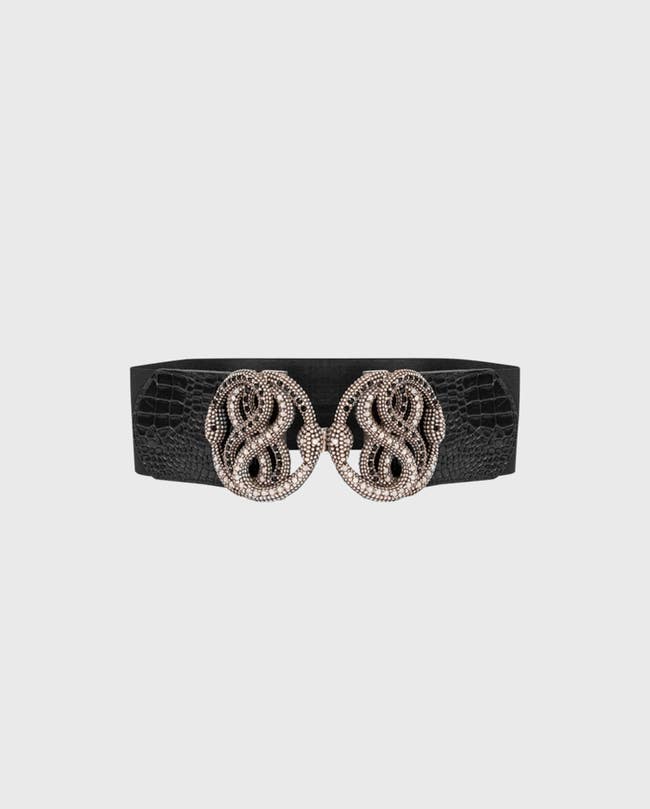 Black Leather Belt With Croc Embossed Details: Women's Luxury