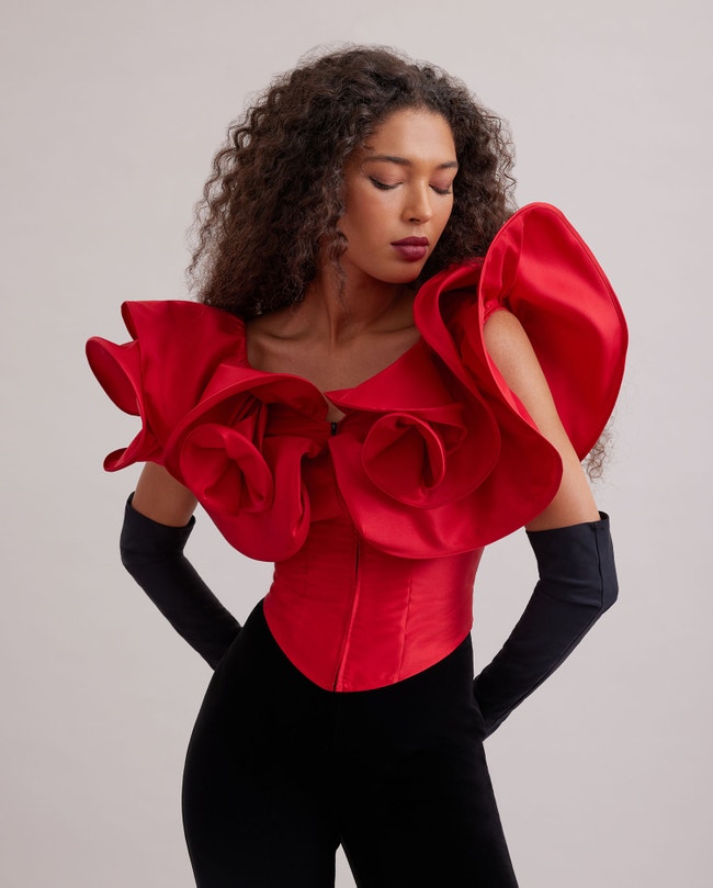 Red Satin Corset Statement Ruffle Top: Women's Luxury Top | Anne Fontaine