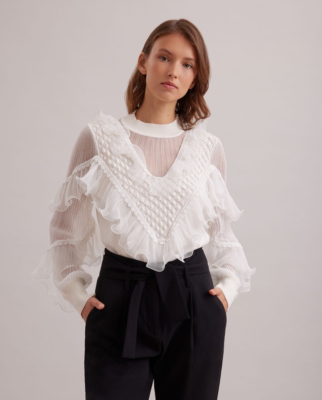 Long Sleeve White Knit with Cascading Ruffles | Anne Fontaine US