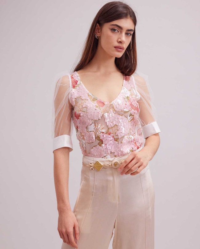 Pink Floral Sequin Shirt With Fontaine Sheer Sleeves: Shirts Anne Women\'s | Luxury