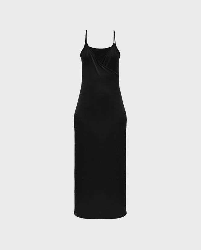 Black Long Spaghetti Strap Dress w/ V-Neck | Anne Fontaine US