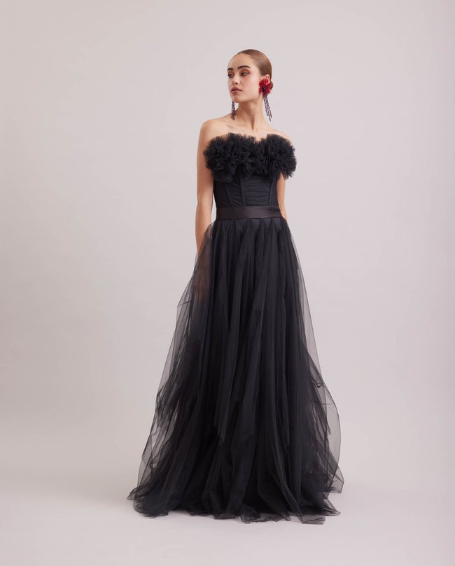 Black Long Corset Tulle Dress, Strapless | Anne Fontaine US