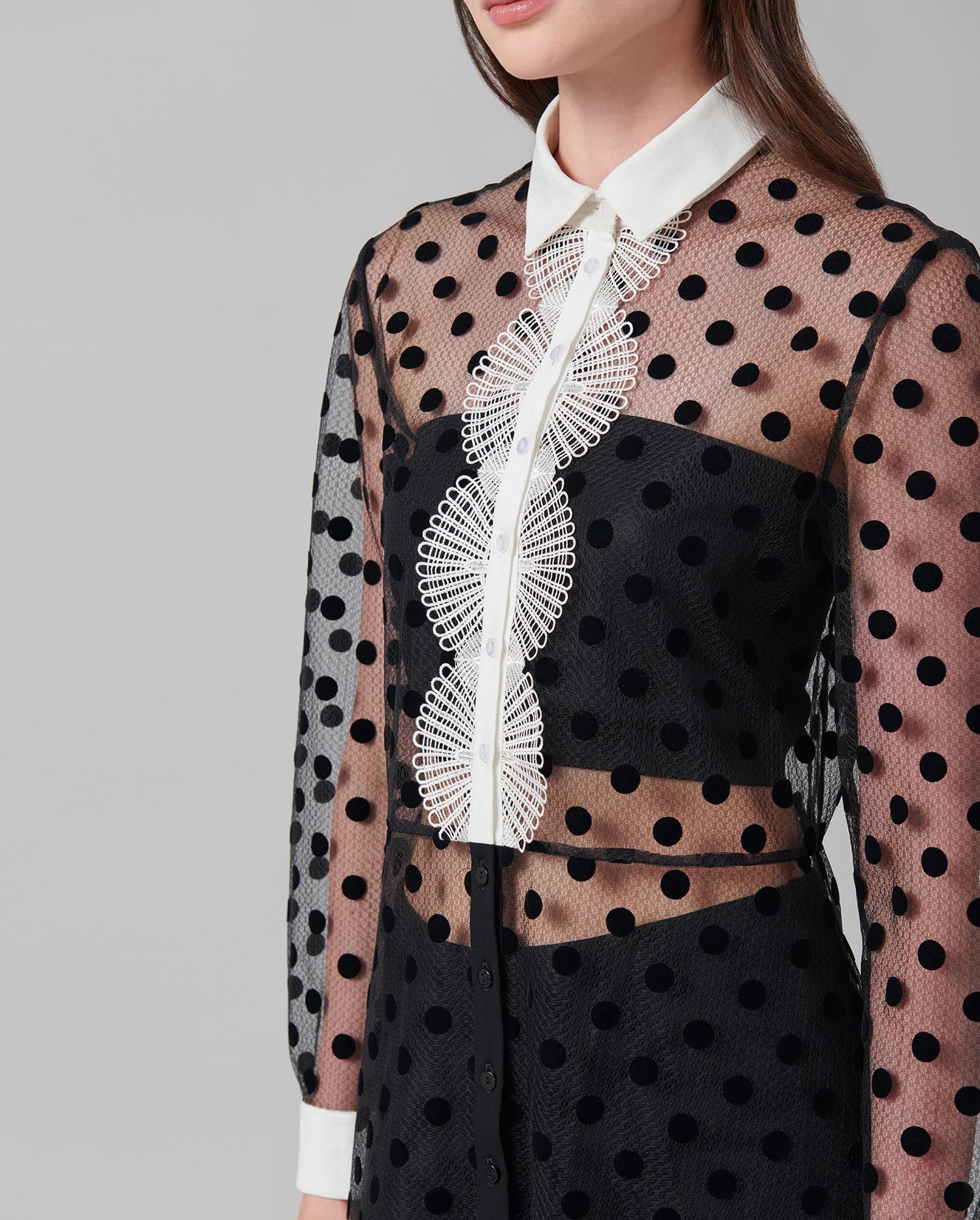 Black Sheer Mesh Dress With Polka Dot Details: Women's