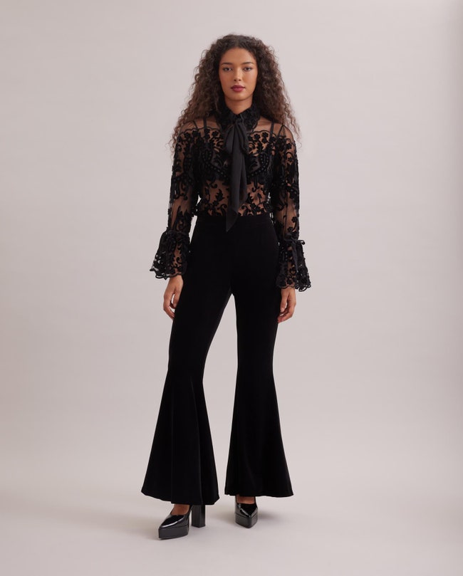 Black High-Waisted Velvet Flare Pants