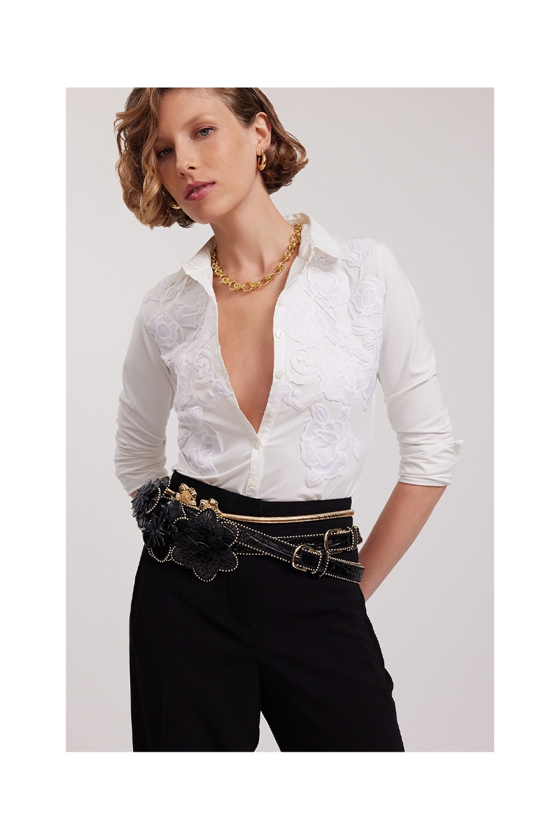 Discover the Vianey White Pima Jersey Shirt With Floral Applique from designer ANNE FONTAINE