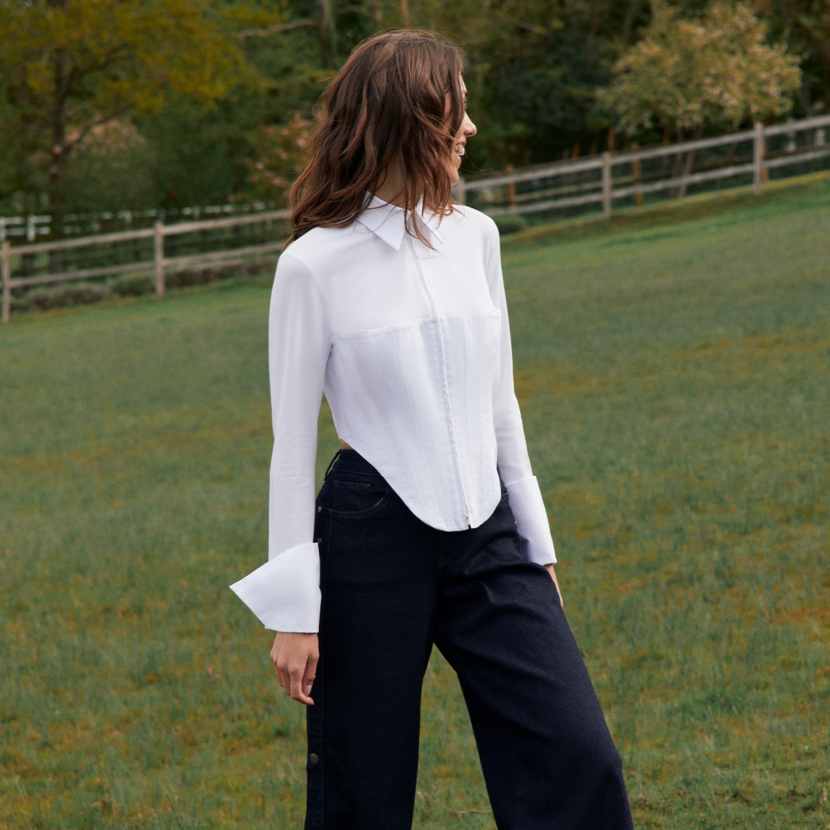 Discover the Eddie White Long Sleeve Zip Up Jersey Knit Shirt With Pique Corset Body from designer ANNE FONTAINE