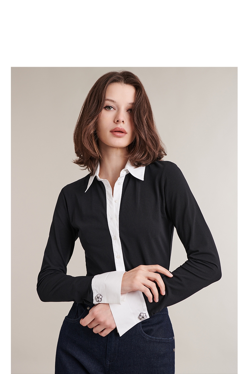 Discover the Nuage Long Sleeve Black Jersey Shirt With Contrasting White Collar and Cuffs  from designer ANNE FONTAINE