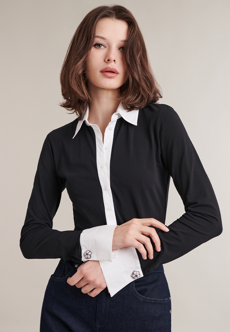 Discover the Nuage Long Sleeve Black Jersey Shirt With Contrasting White Collar and Cuffs  from designer ANNE FONTAINE