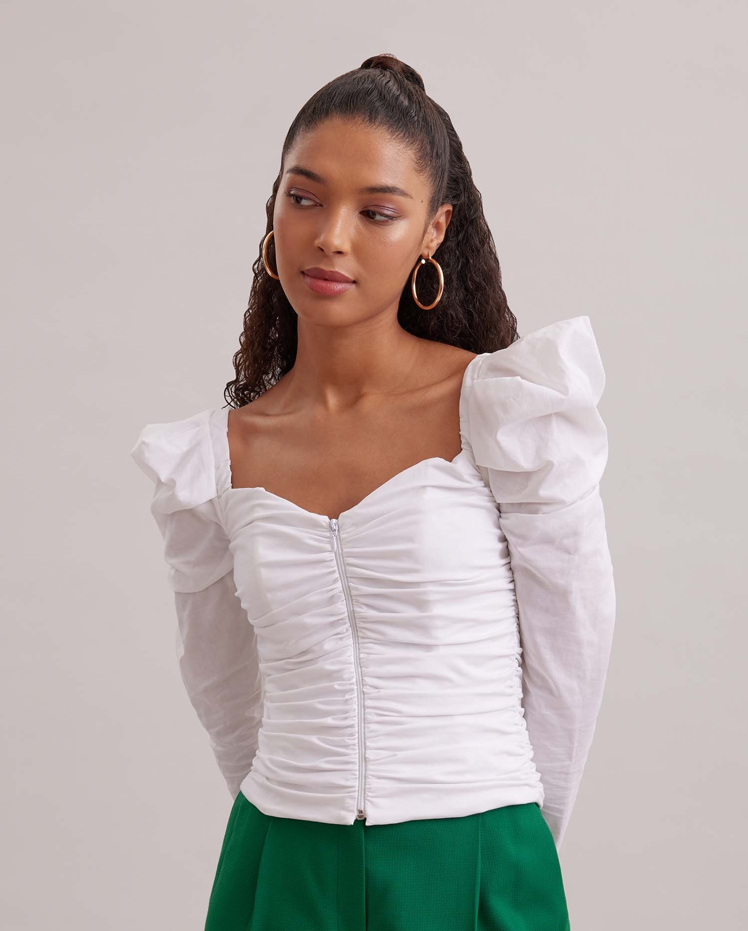 Discover The AUSTEN Long puff sleeve shirt with sweetheart neckline and allover ruching from ANNE FONTAINE
