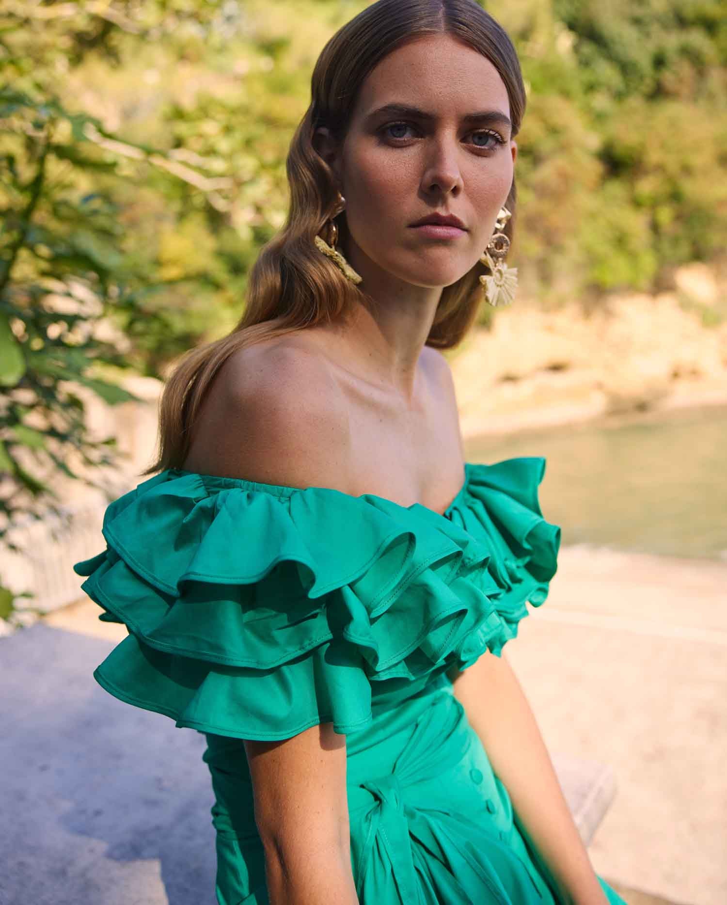 Discover the ABYSSE Green Cotton Fitted Blouse With Layered Flounce Ruffles and Corset Back From ANNE FONTAINE