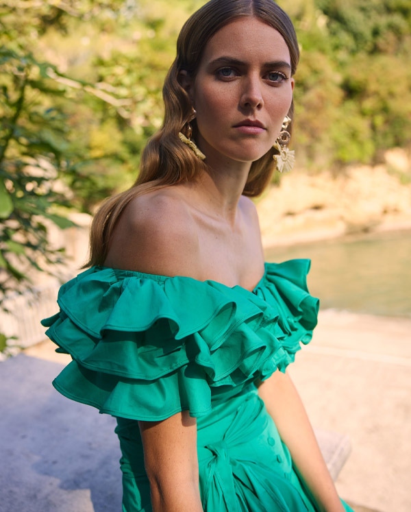 Discover the ABYSSE Green Cotton Fitted Blouse With Layered Flounce Ruffles and Corset Back From ANNE FONTAINE