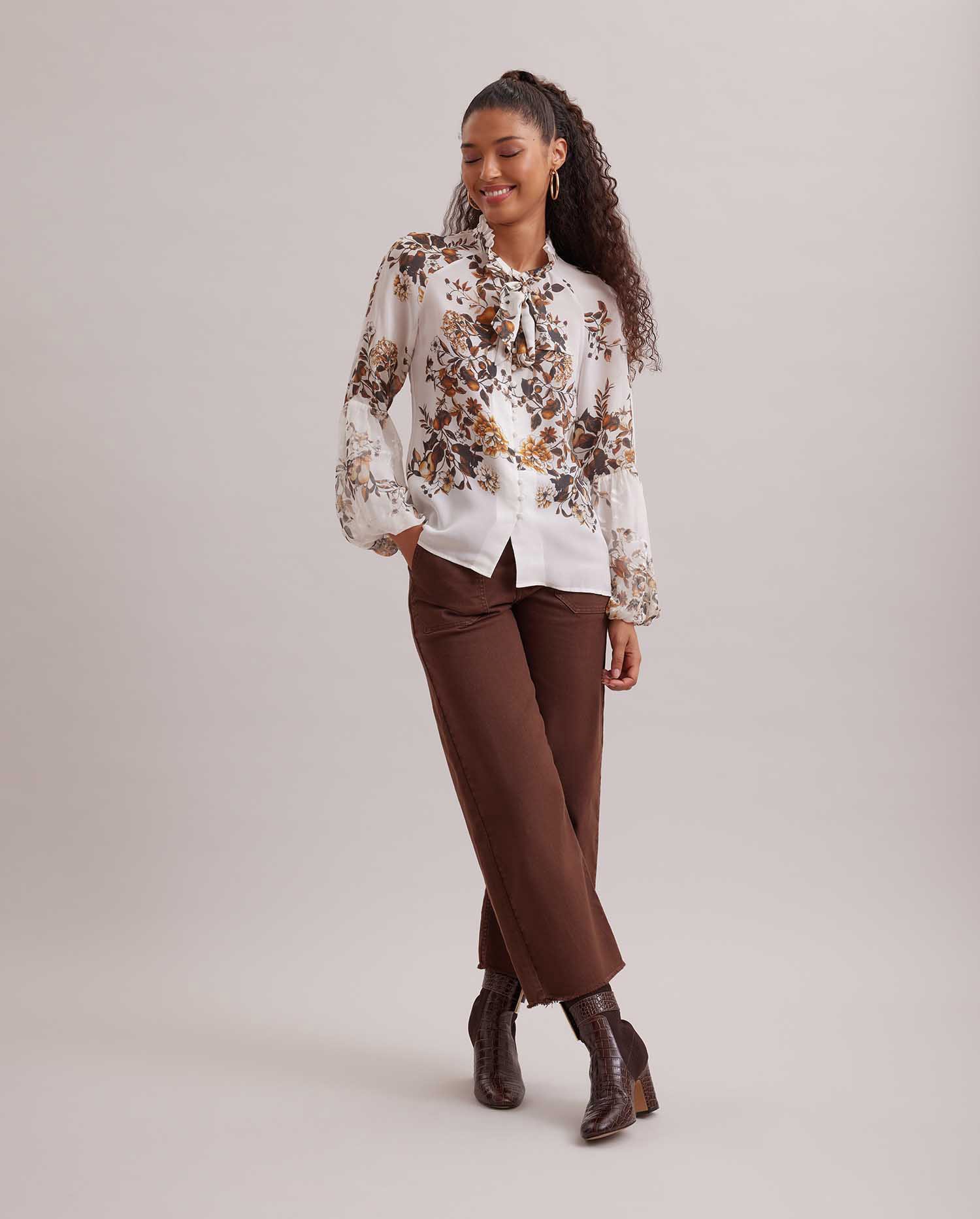 Discover The BUCOLIQUE Mock neck silk shirt featuring neutral floral pattern and necktie from ANNE FONTAINE
