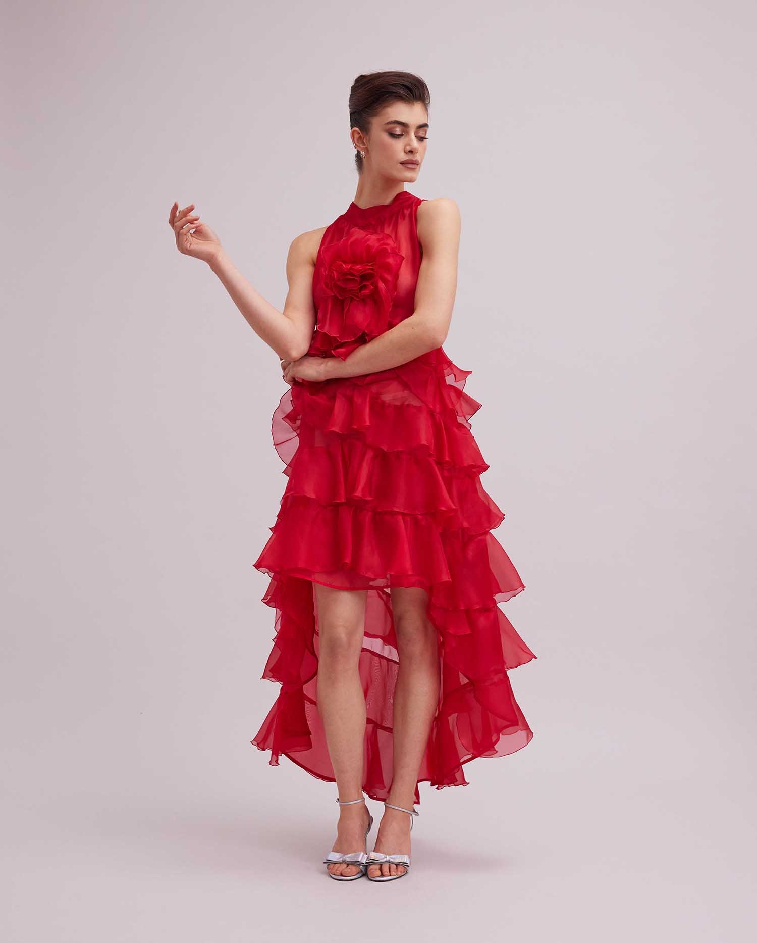 Discover the CHERYL Long red high-low silk organza dress with frills from ANNE FONTAINE