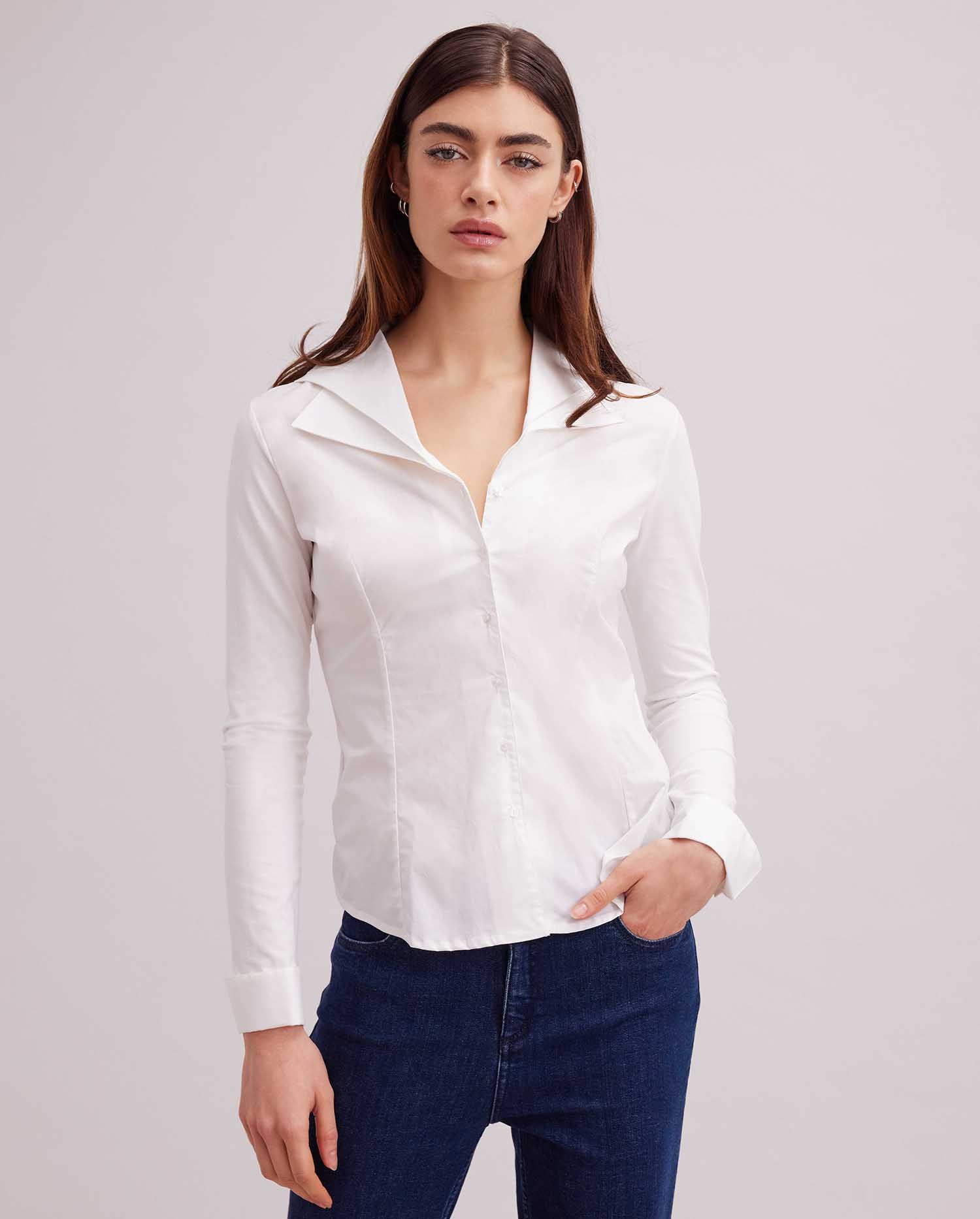 Discover The CHRISTIE White Long sleeved double collared t-blouse from ANNE FONTAINE