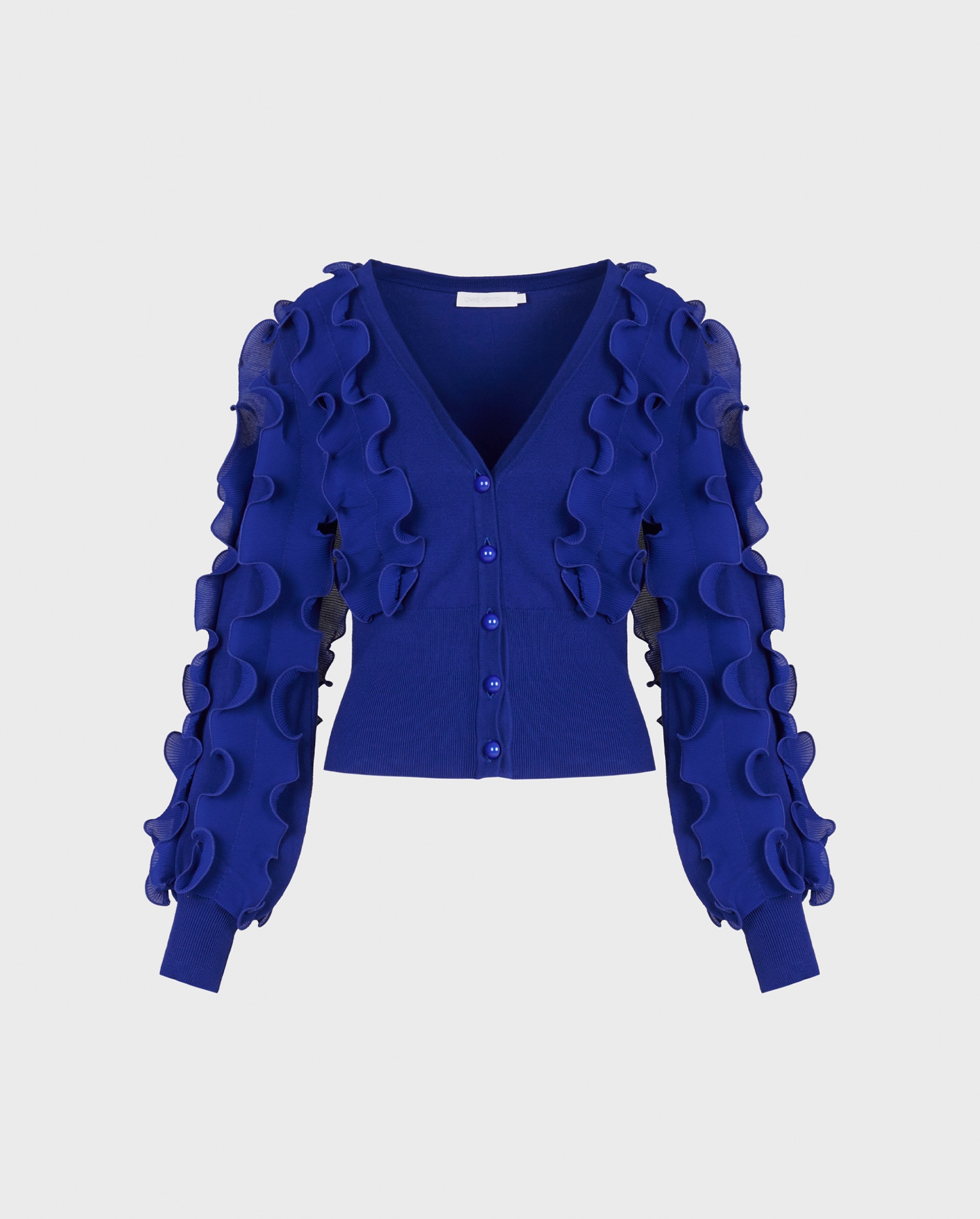 Discover The CILINE Long sleeve ruffle covered cardigan in blue from ANNE FONTAINE