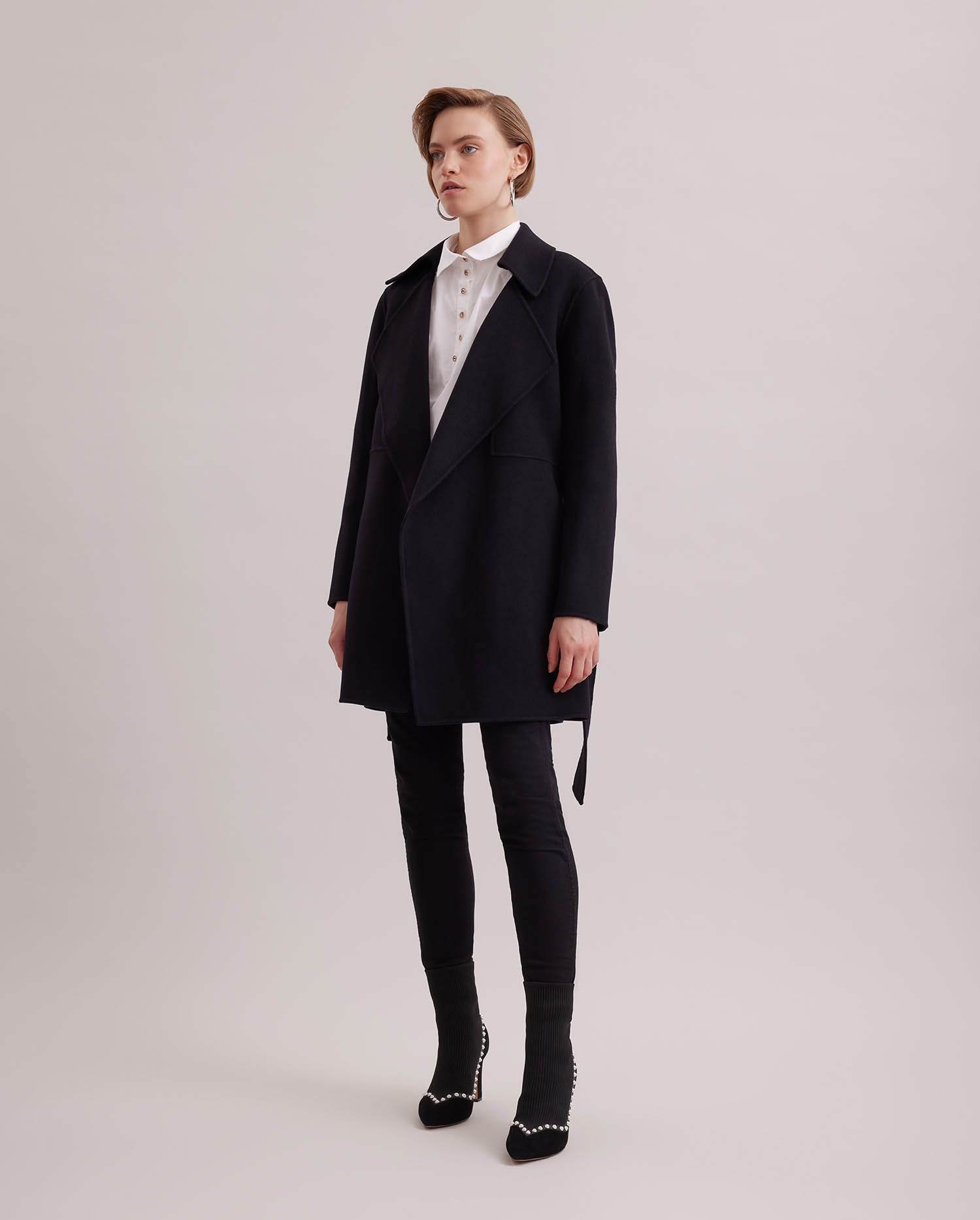 Discover The GALLERY Long double breasted wool coat with zipper sleeves and tie-waist belt from ANNE FONTAINE
