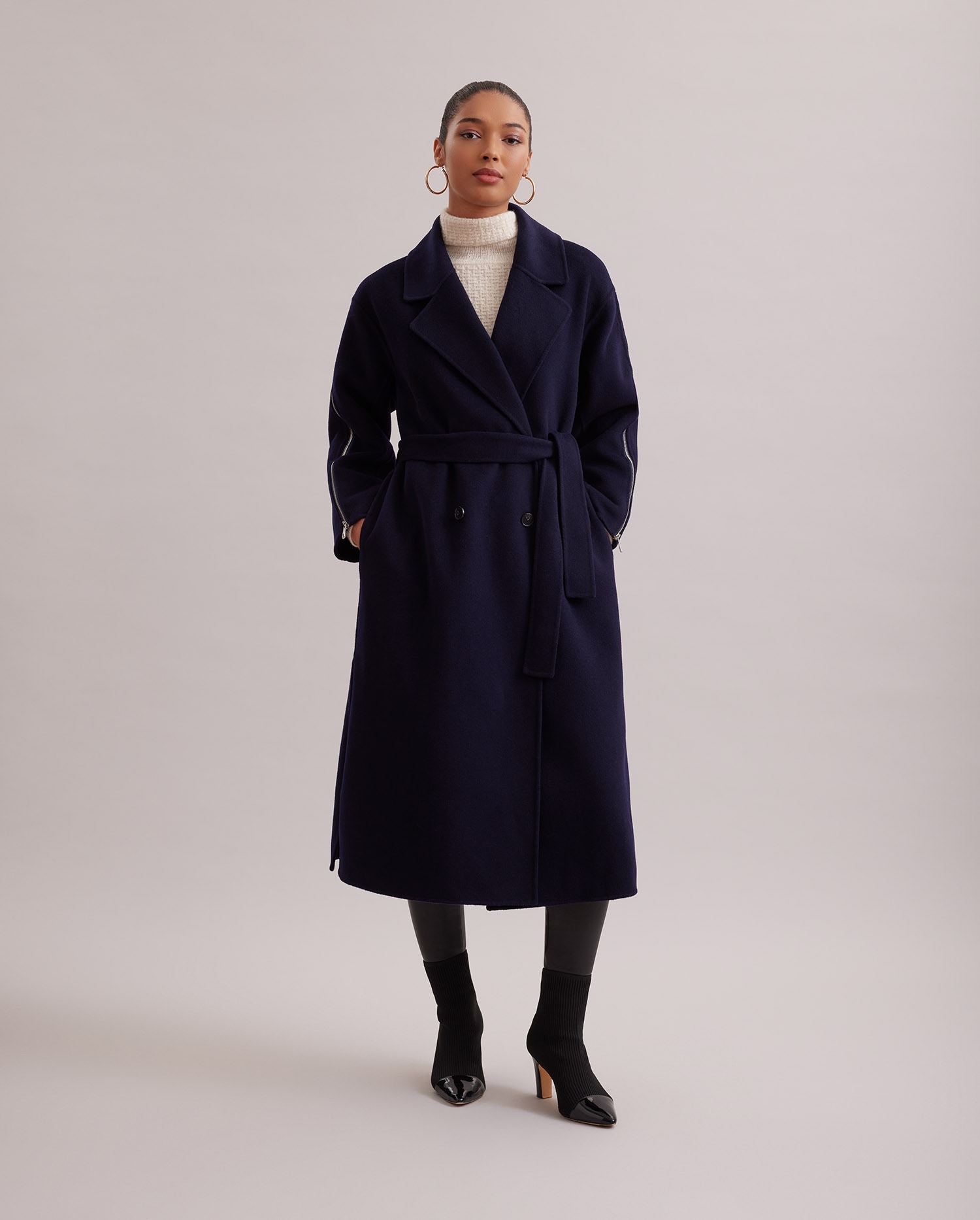 Discover The GALLERY Long double breasted wool coat with zipper sleeves and tie-waist belt from ANNE FONTAINE