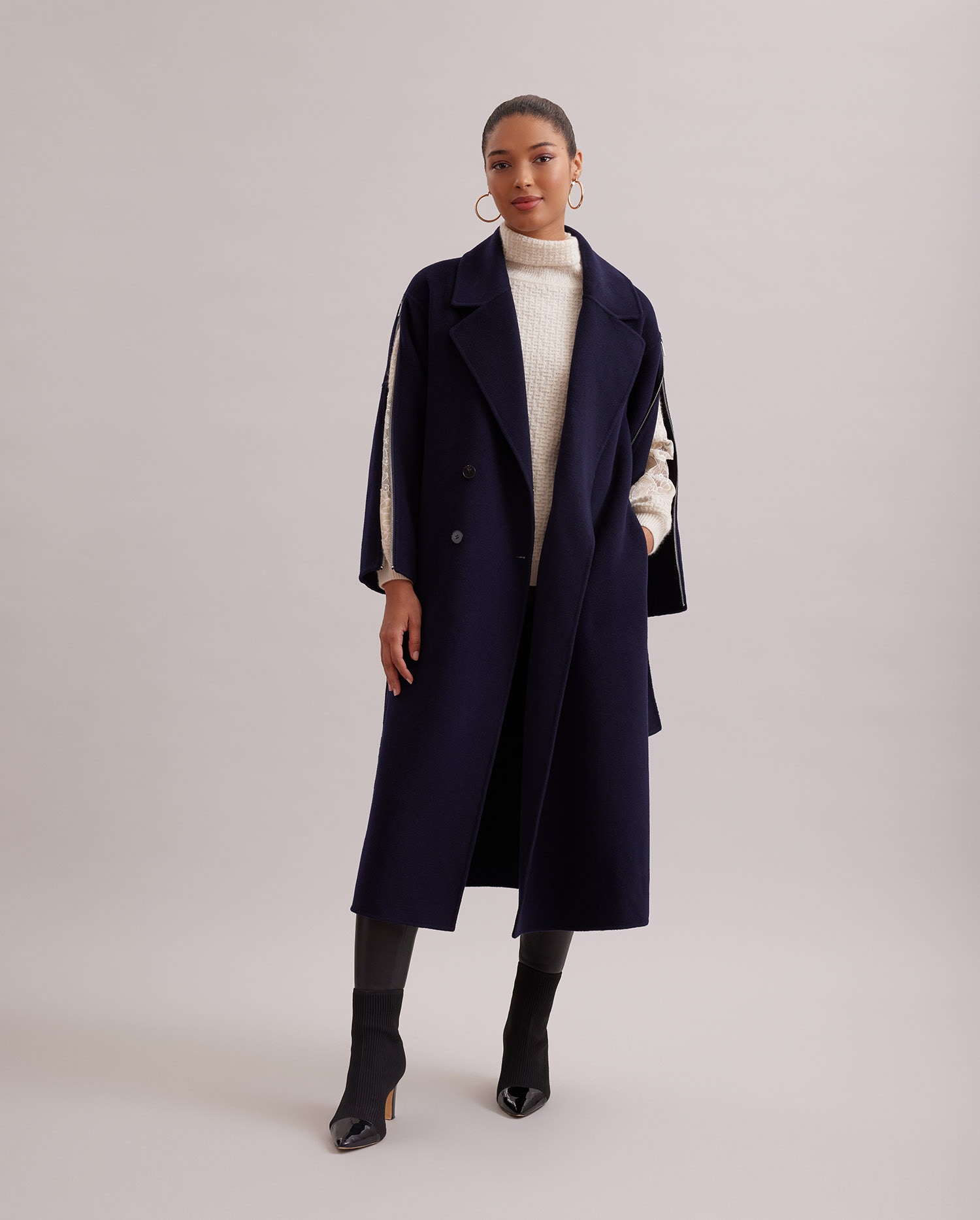 Discover The GALLERY Long double breasted wool coat with zipper sleeves and tie-waist belt from ANNE FONTAINE