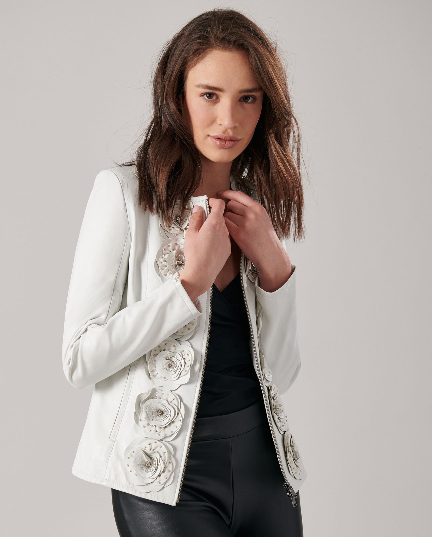 Discover the LORYNA White Leather Jacket With Floral Details