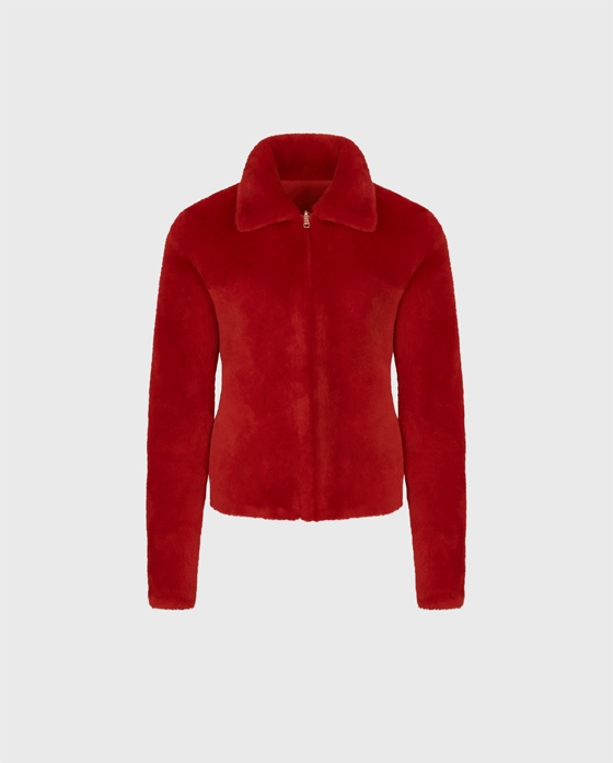 Discover the WHARTON Reversible red shearling and leather jacket with classic collar from ANNE FONTAINE