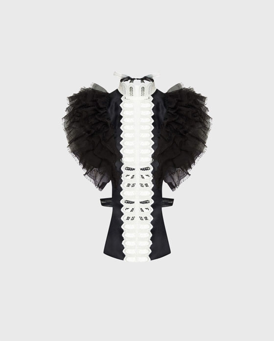 Discover the EVANNE Two-tone shirtfront collar with chiffon ruffle sleeves from ANNE FONTAINE