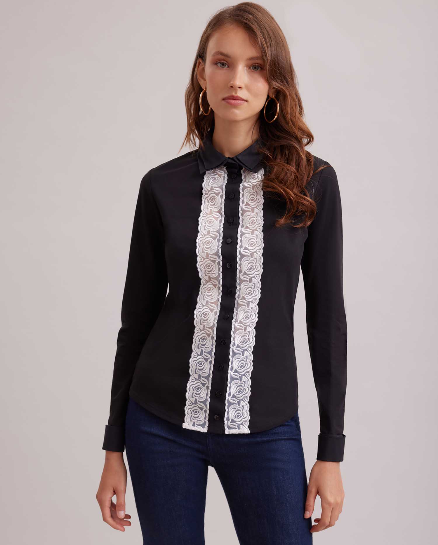 Discover the LELIA Double poplin point collar shirt with sheer white floral ribbon insert front placket and french cuffs from ANNE FONTAINE