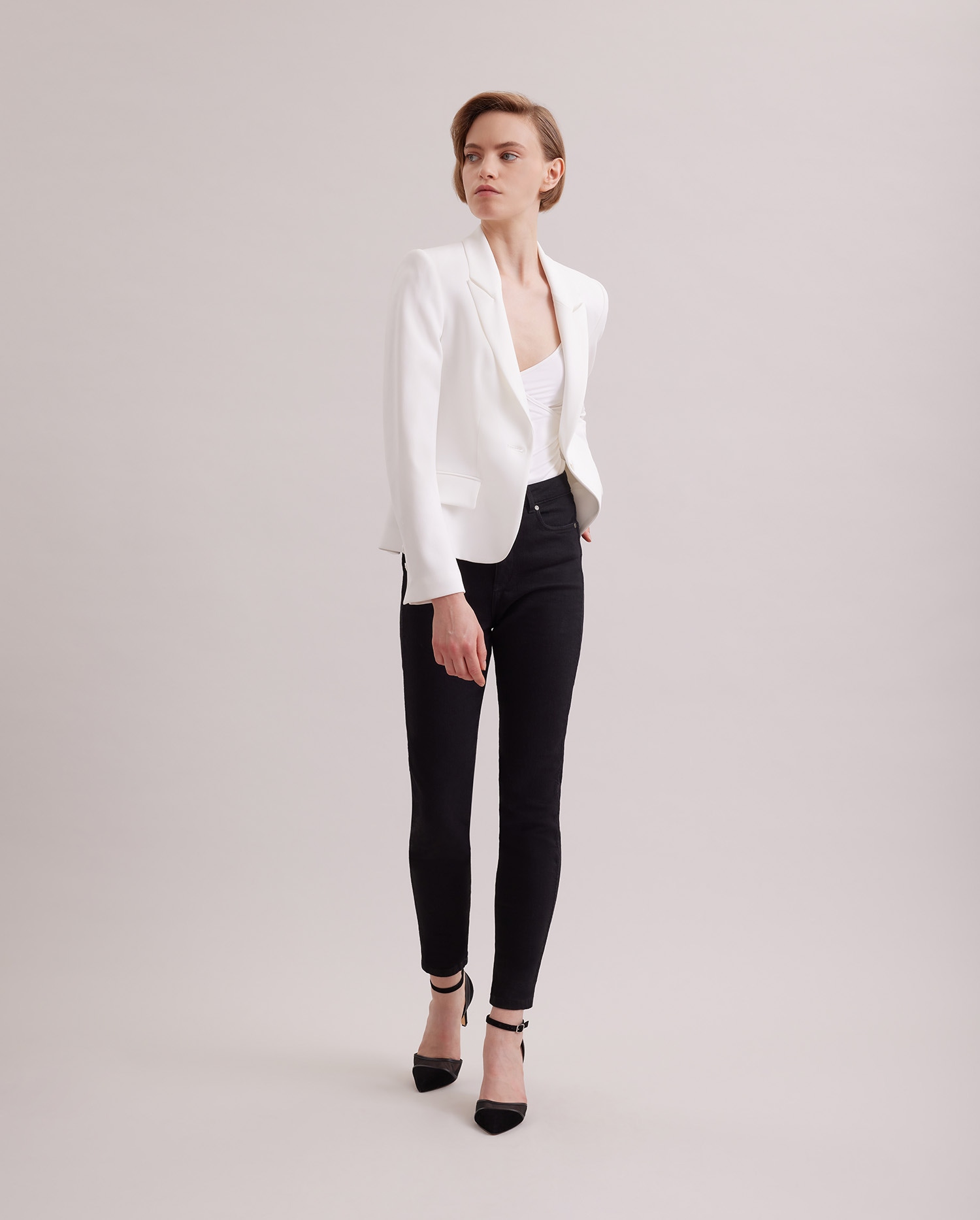 Discover The LIDO Off-White Textured Crepe Jacket With Geometric Button from ANNE FONTAINE