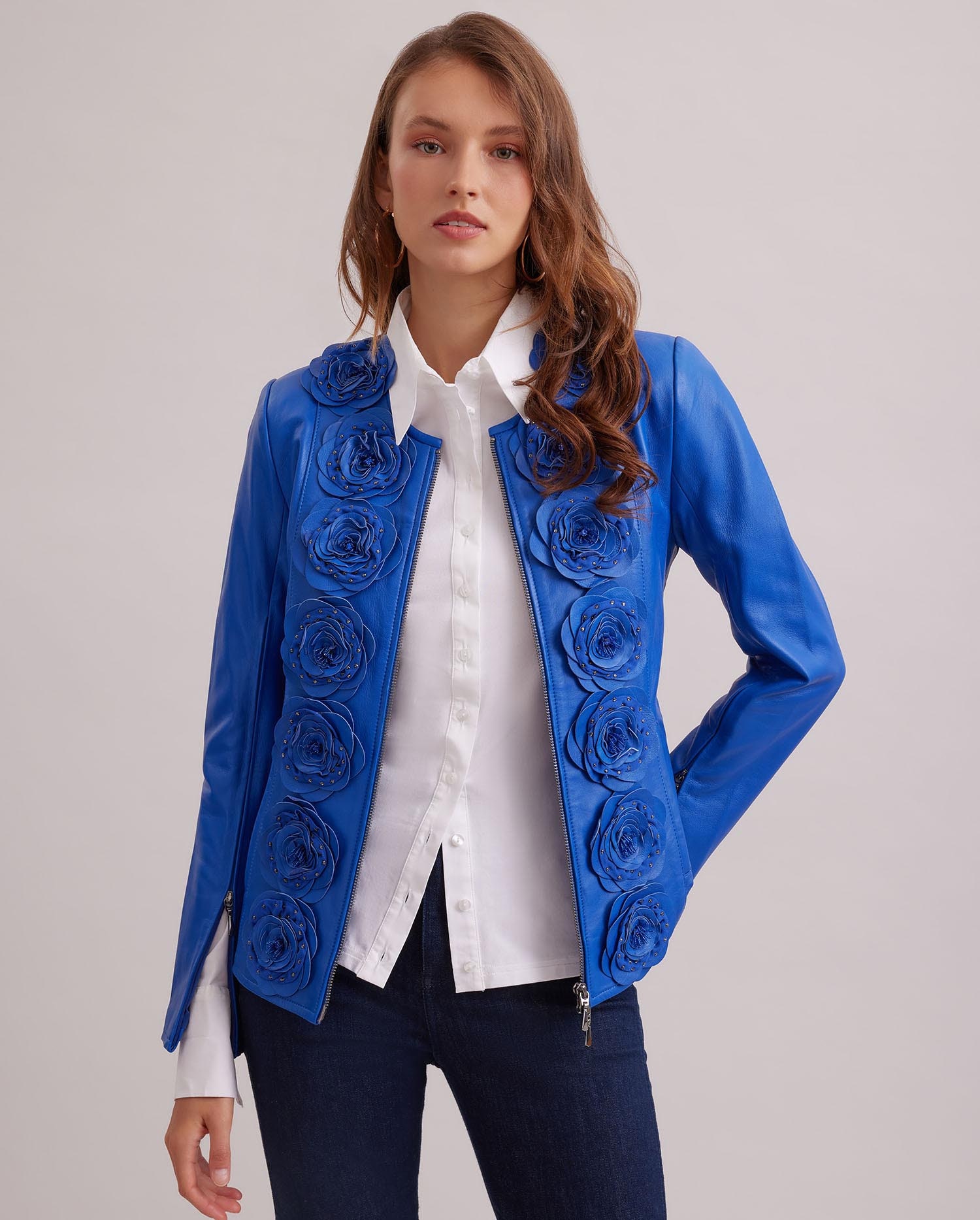 Discover the LORYNA Blue Leather Jacket With Floral Detailing