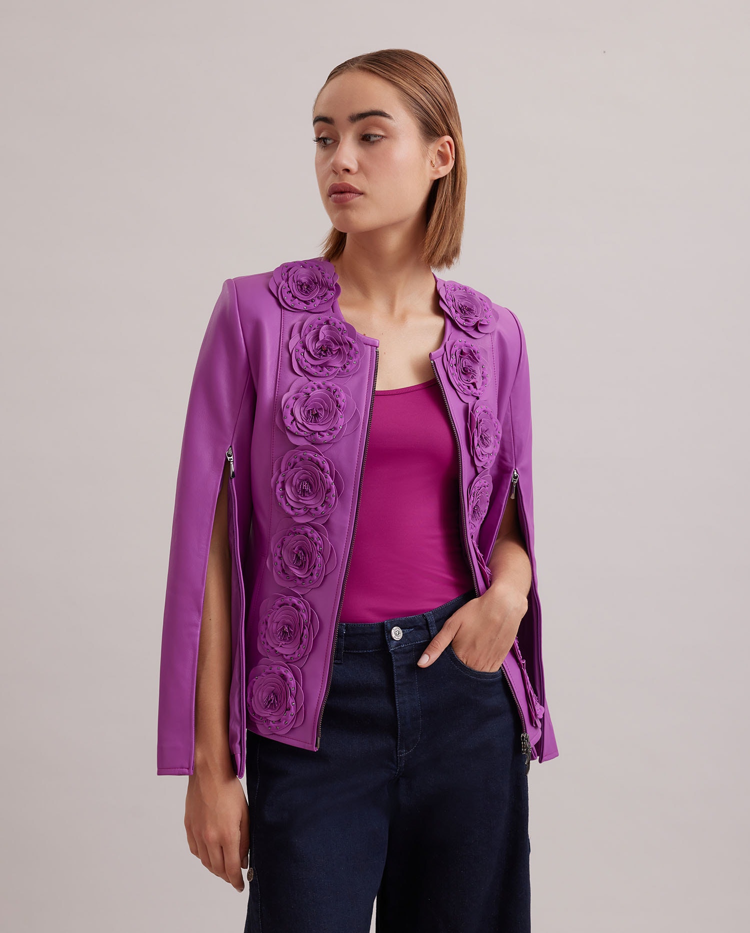 Discover the LORYNA Purple leather jacket with front flowers from ANNE FONTAINE