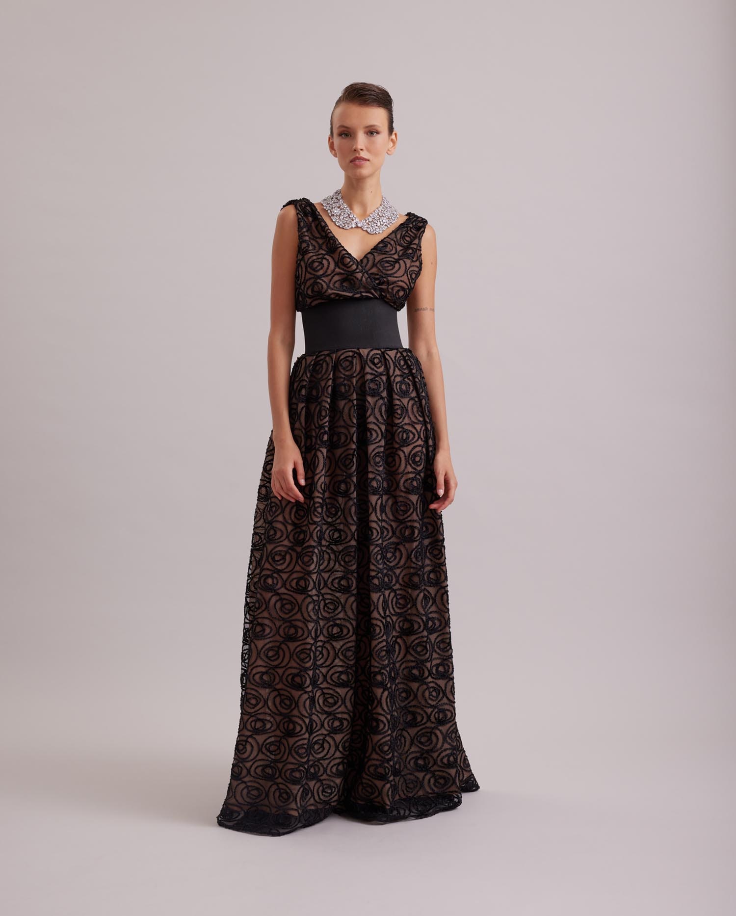 Discover the MUSE Sleeveless sheer dress with black net overlay embroidered with Velvet roses from ANNE FONTAINE