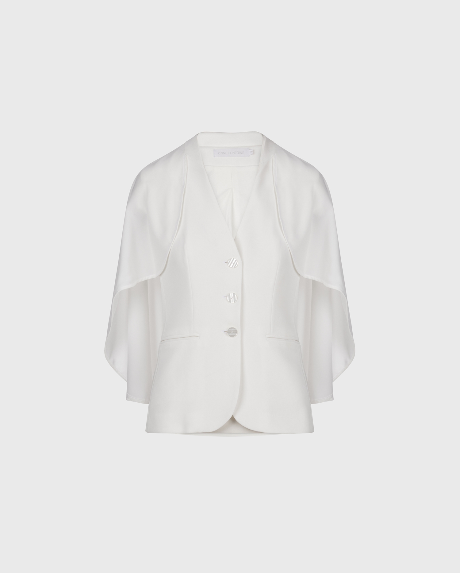 Discover The MYLIANE ¾ Sleeve Crepe White Jacket With a Flowing Cape from ANNE FONTAINE