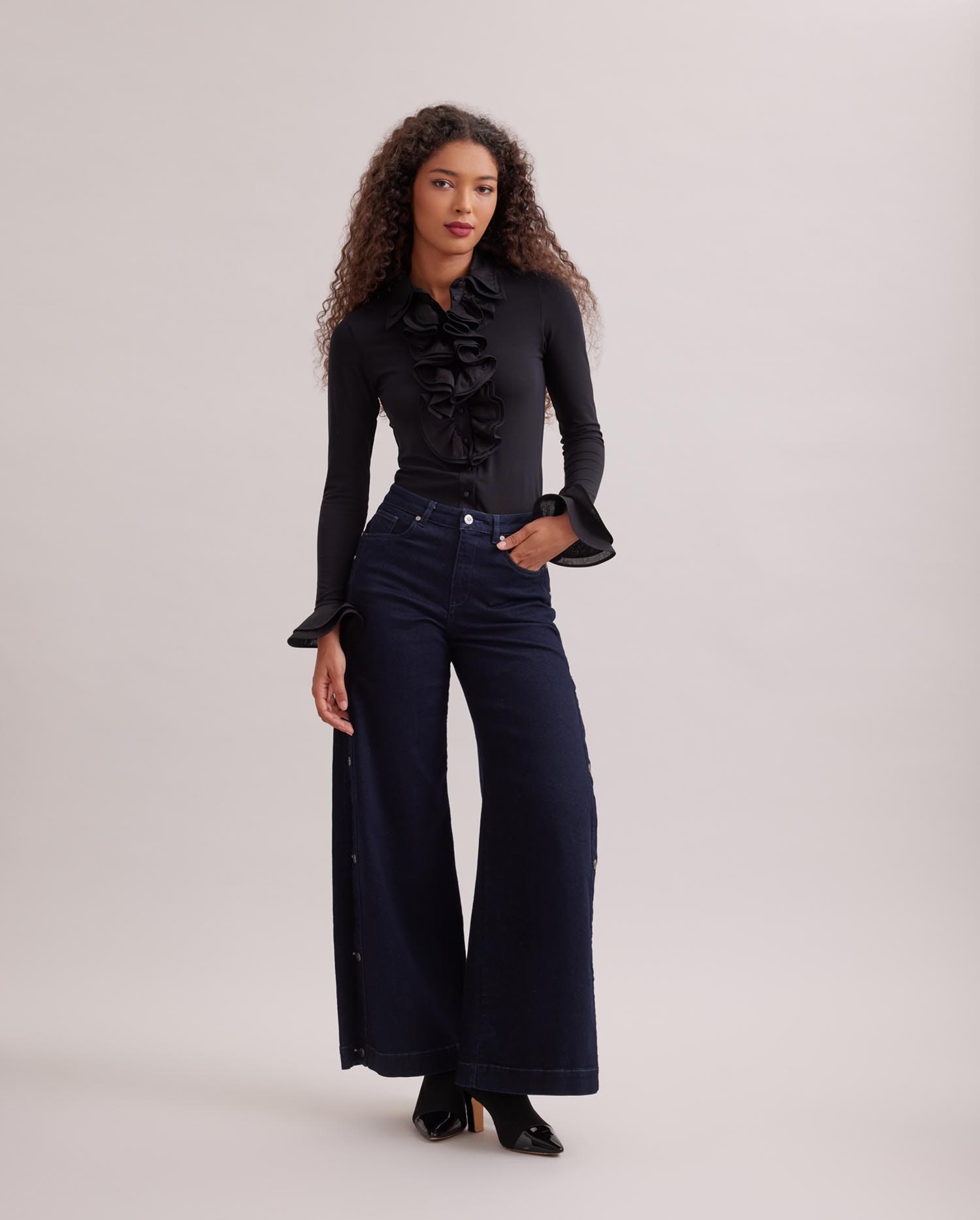 Discover The PATSY long sleeve black double collared shirt with ruffle front from ANNE FONTAINE